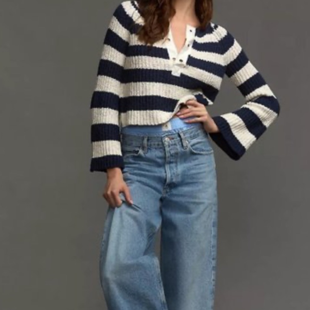 Anthropologie Pilcro Bell Sleeve Henley Navy Stripes nautical Sweater size S